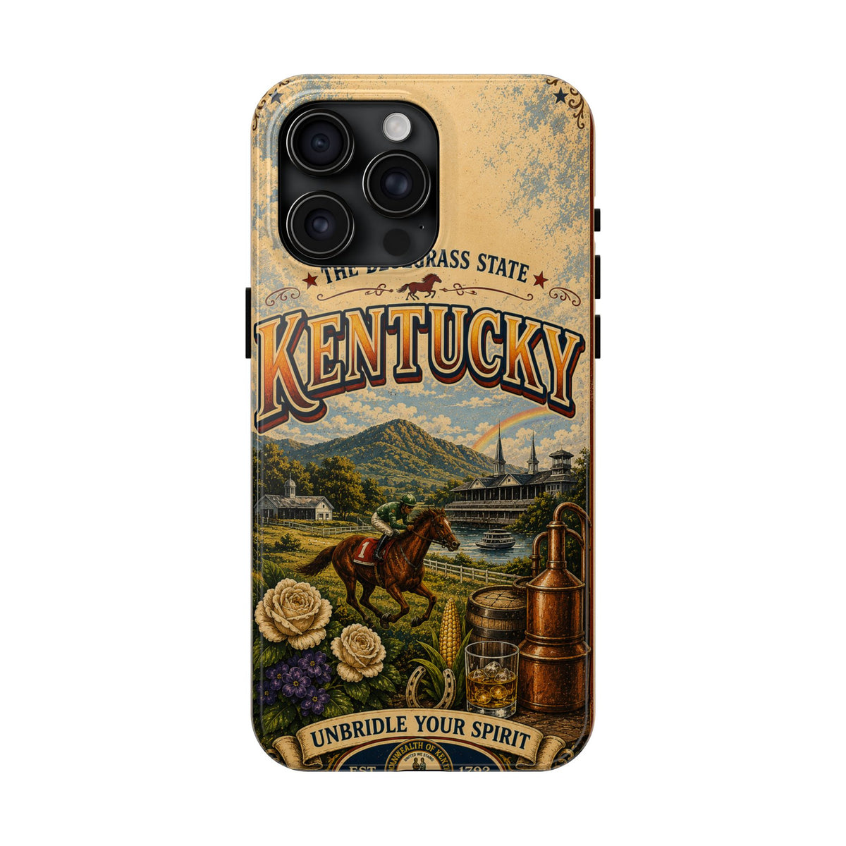 Kentucky Bluegrass State Faux Patchwork Phone Case – Vintage Travel Poster Style Kentucky Souvenir Cover for iPhone & Samsung