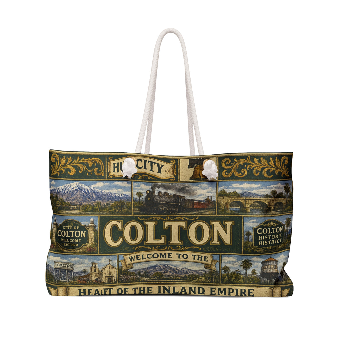 Colton Vintage TColton California Weekender Bag Hub City Faux Patchwork Travel Tote Heart of the Inland Empire Railroad Heritage Giftravel Weekender Bag — "Welcome to the Heart of the Inland Empire"