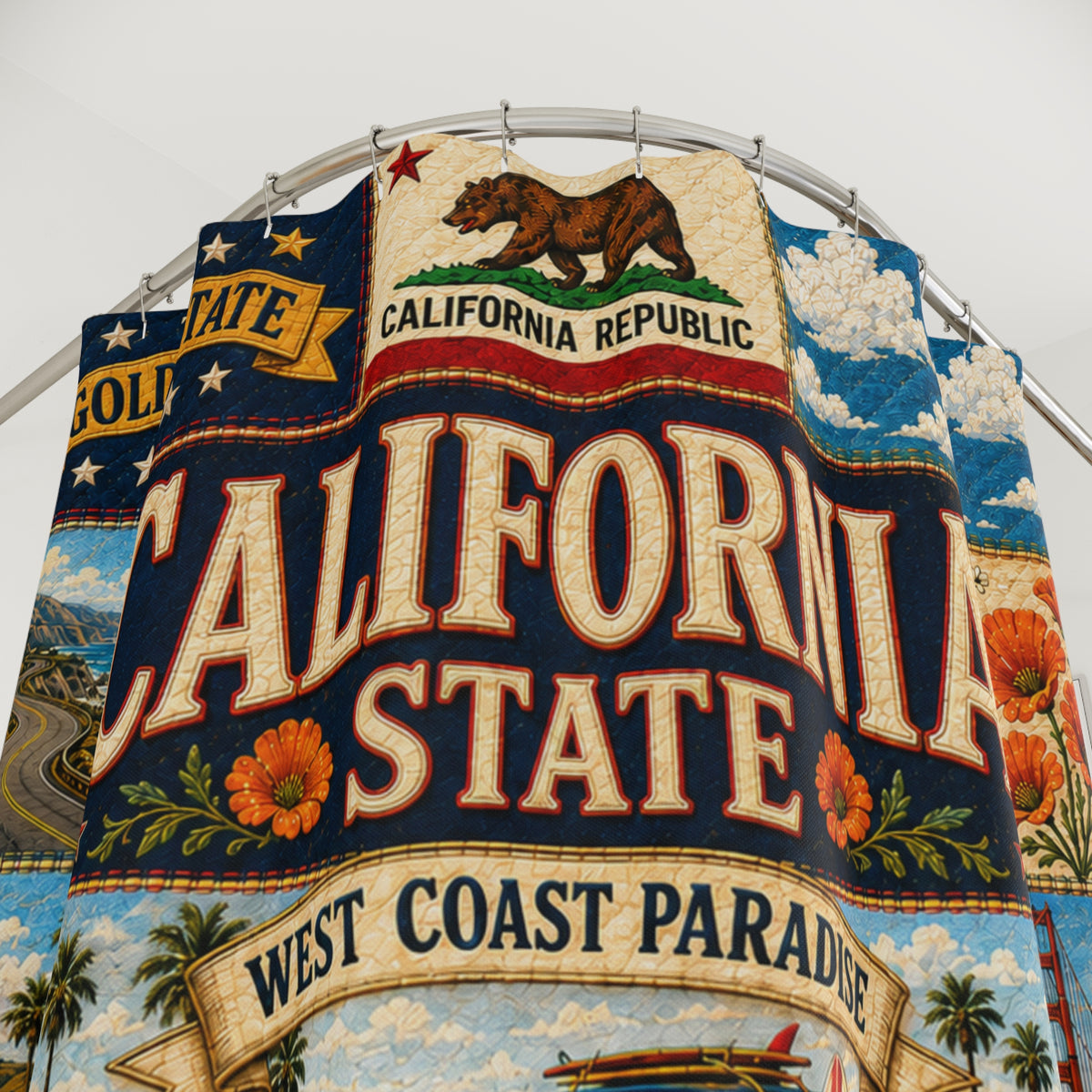 California Shower Curtain, Golden State Decor, West Coast Landmark Faux Patchwork, California Dreaming Bathroom Decor