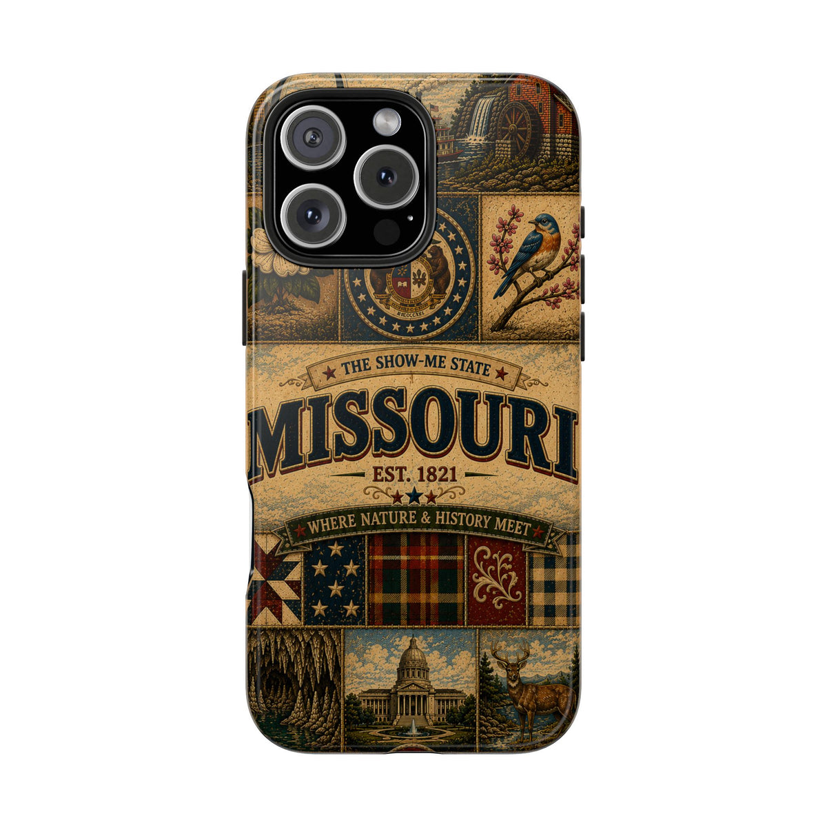 Missouri Show Me State Faux Patchwork Phone Case – Vintage Travel Poster Gateway Arch & Riverboat Cover for iPhone & Samsung