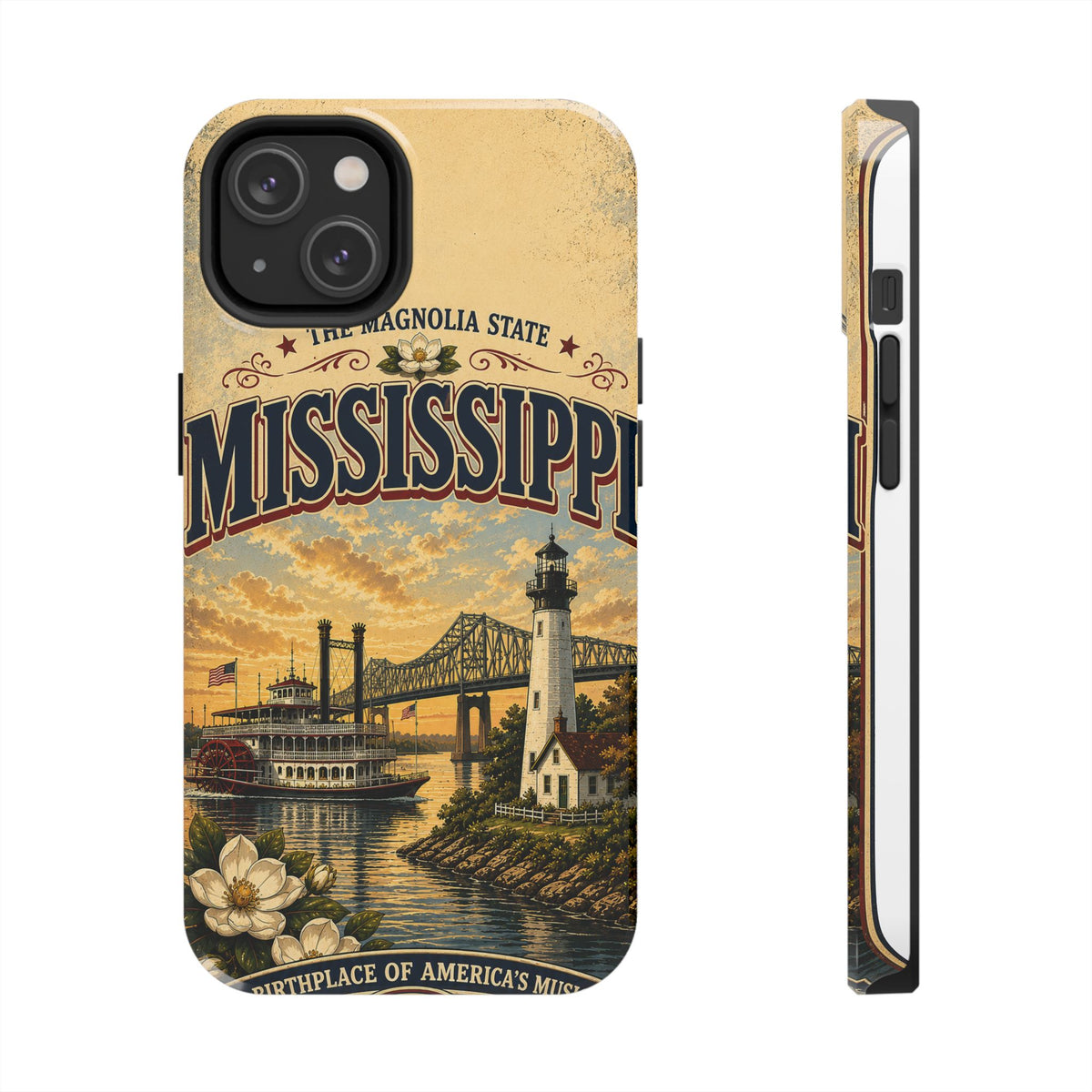Mississippi Magnolia State Faux Patchwork Phone Case – Vintage Travel Poster Riverboat Lighthouse Design for iPhone & Samsung