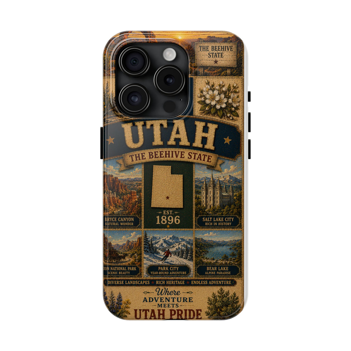 Utah Faux Patchwork Phone Case The Beehive State Vintage Travel Poster Retro State Pride Cover Est 1896