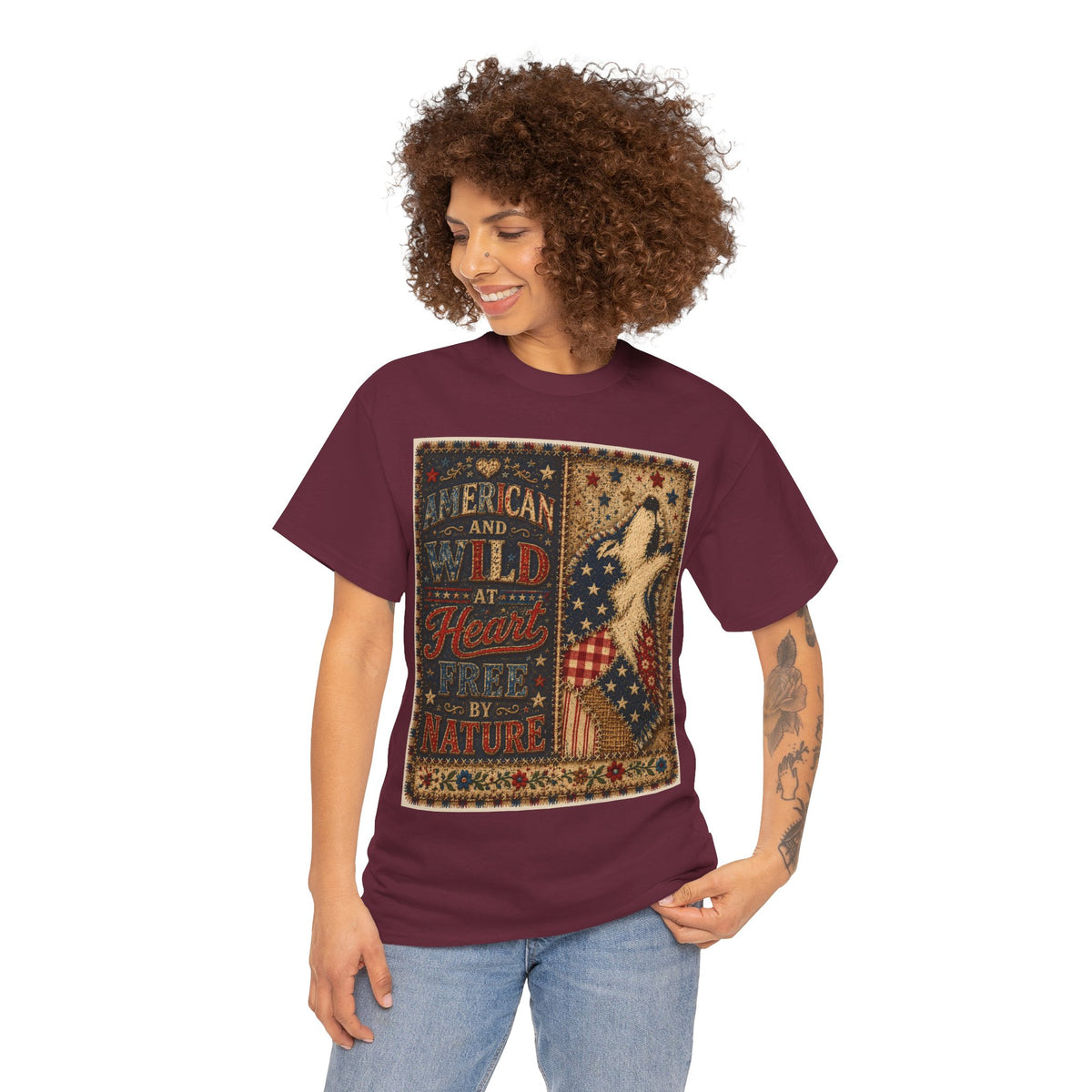 Patriotic Retro Tee – "American and Wild at Heart, Free by Nature" Flag Silhouette Shirt