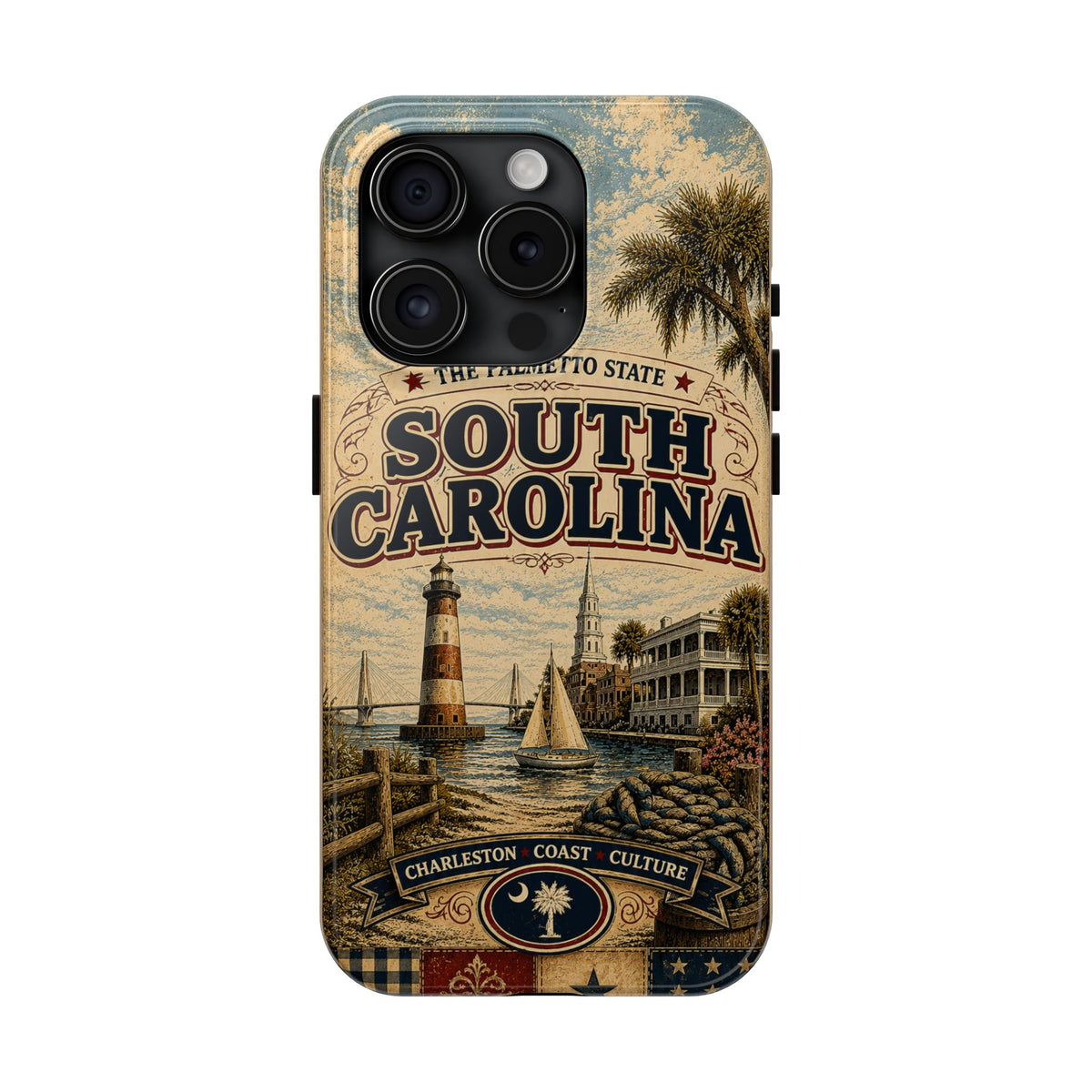 South Carolina Faux Patchwork Phone Case Palmetto State Retro Charleston Coastal Lighthouse State Pride Cover