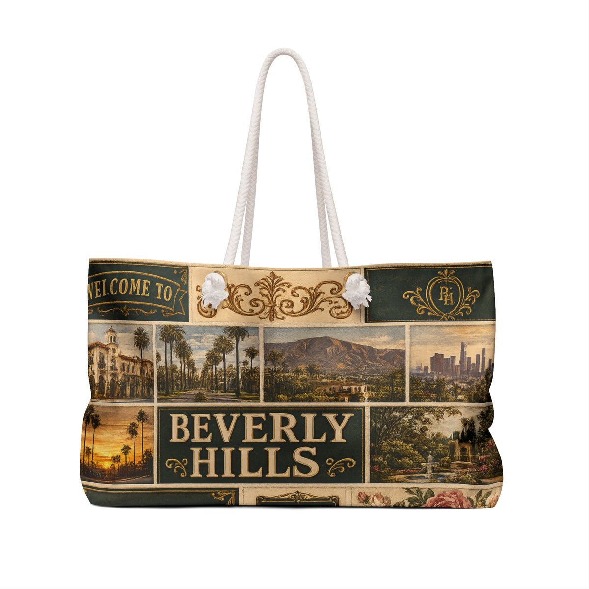 Beverly Hills California Weekender Bag Class Elegance Luxury Faux Patchwork Travel Tote Rodeo Drive Chic Getaway Gift