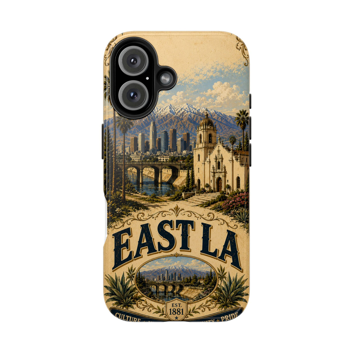 East LA Faux Patchwork Phone Case – Cultural Heritage Skyline & Mission Landmark Retro Cover for iPhone 17 Samsung S26