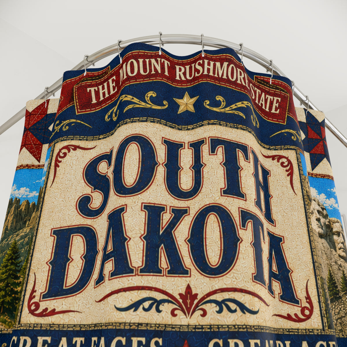 South Dakota Shower Curtain Great Faces Great Places Faux Patchwork Mount Rushmore Scenic Landmarks Rustic Bathroom Decor