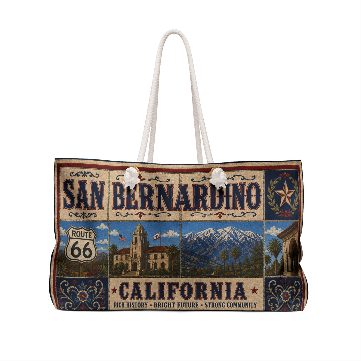 San Bernardino California Weekender Bag Route 66 Faux Patchwork Travel Tote Vintage Inland Empire Adventure Gift