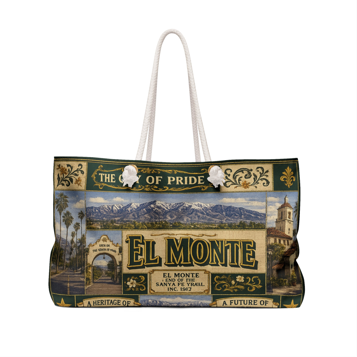 El Monte California Weekender Bag City of Pride Faux Patchwork Travel Tote End of the Santa Fe Trail Heritage Gift