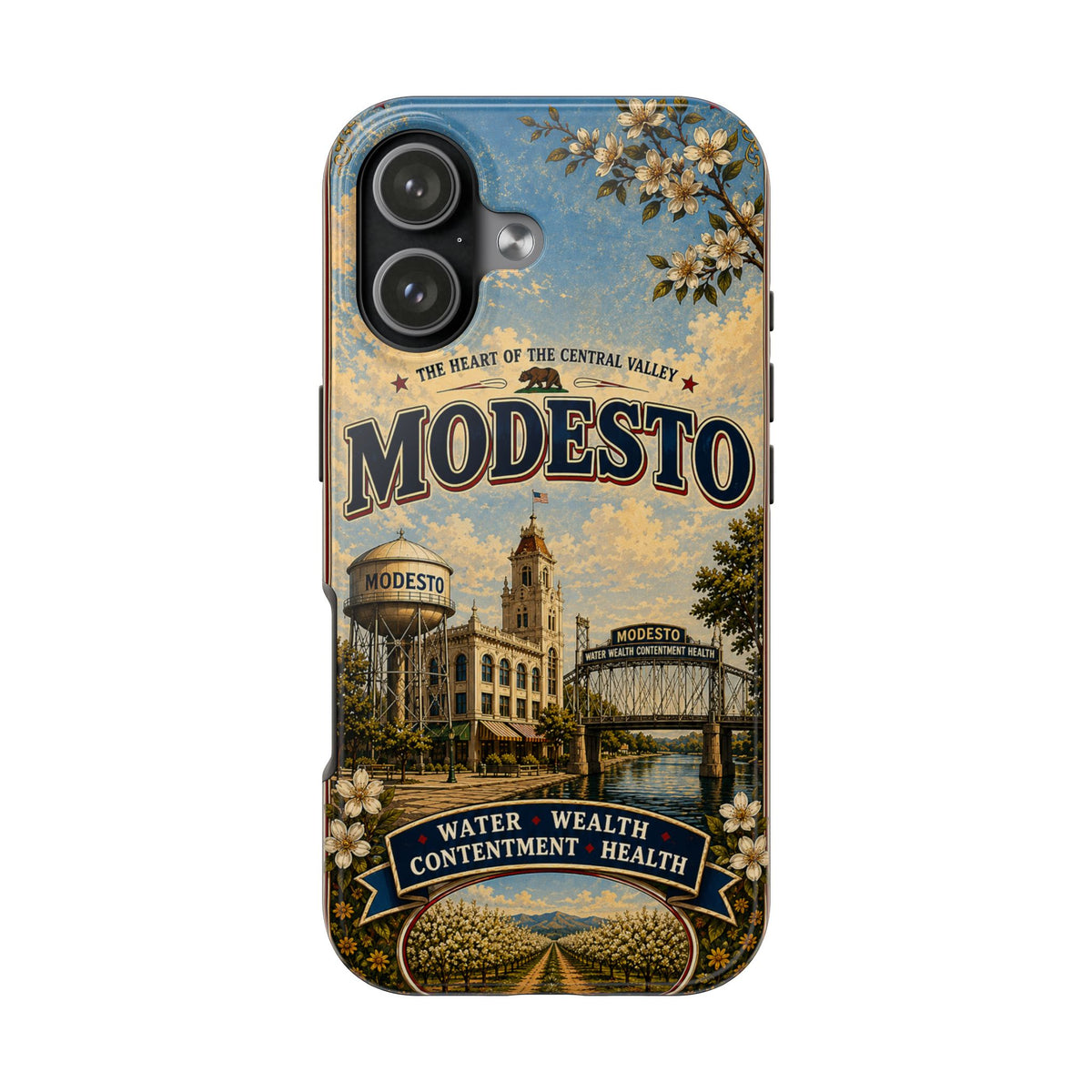 Modesto Faux Patchwork Phone Case – Central Valley Heritage Retro Travel Art, Orchard & Waterfront Cover