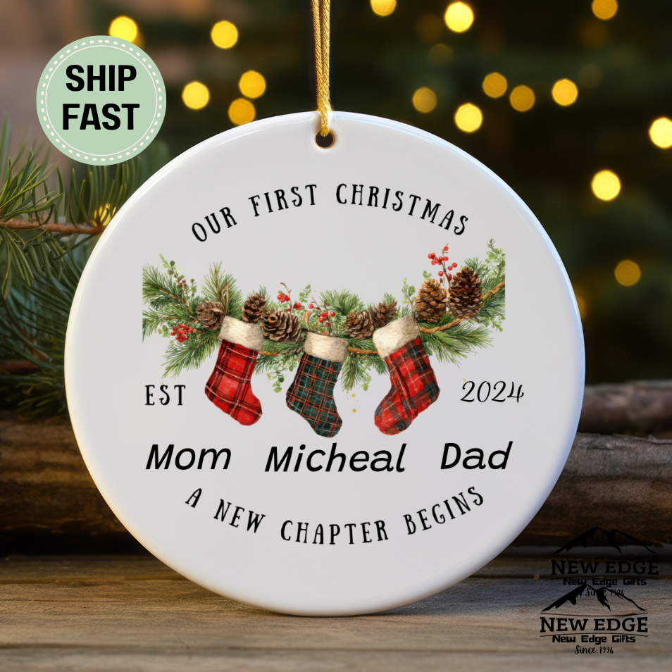 Our First Christmas Ornament EST 2024 – Family of Three Personalized Ornament – Mom, Dad & Child Keepsake – A New Chapter Begins