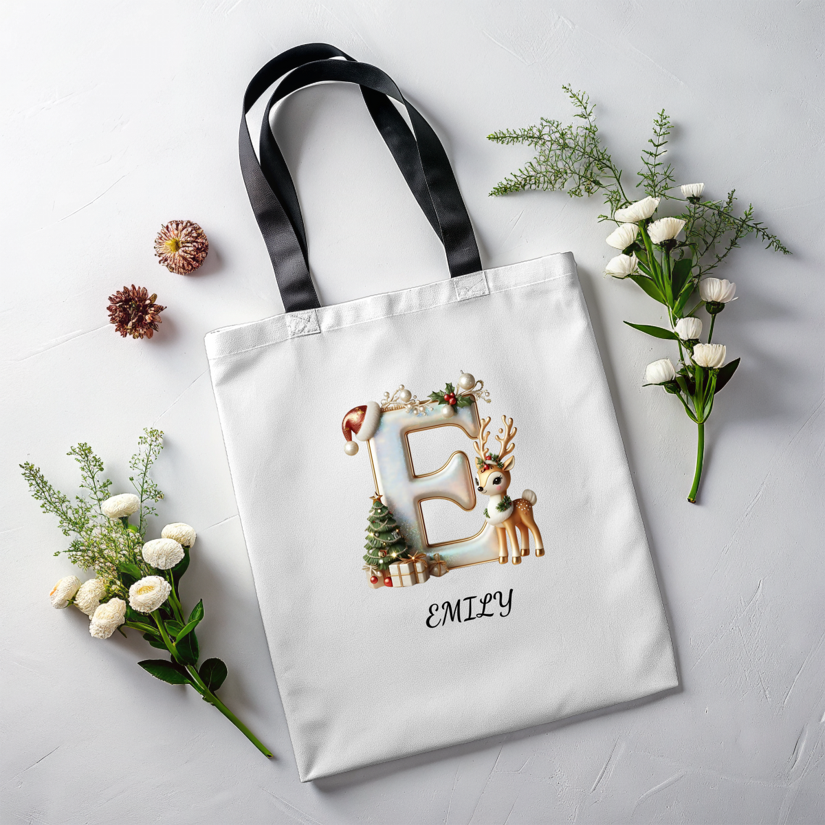 Tote Bag (AOP)Personalized Reindeer Christmas Name Tote Bag – Custom Initial Cotton Canvas Tote, Matching Holiday Group Bag & Reusable Xmas Shopping Tote