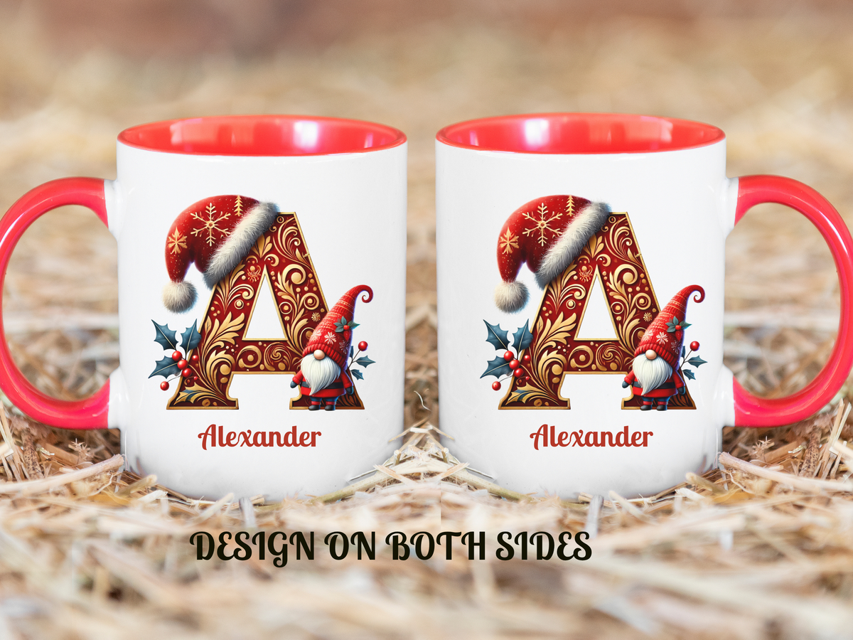 Personalized Christmas Gnome Alphabet Mug – Custom Name Ceramic Coffee Cup – Holiday Gift for Her or Him – New Edge Gifts & Novelties