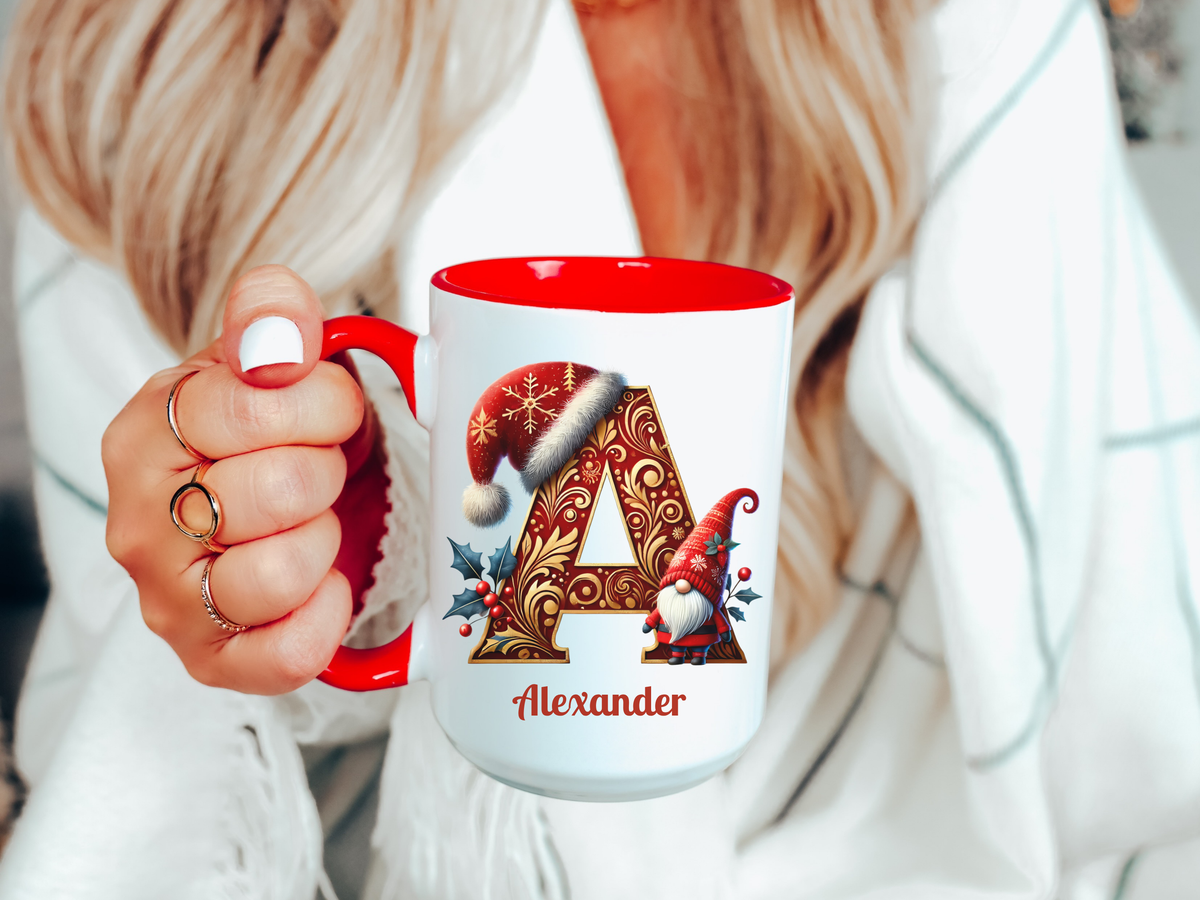 Personalized Christmas Gnome Alphabet Mug – Custom Name Ceramic Coffee Cup – Holiday Gift for Her or Him – New Edge Gifts & Novelties