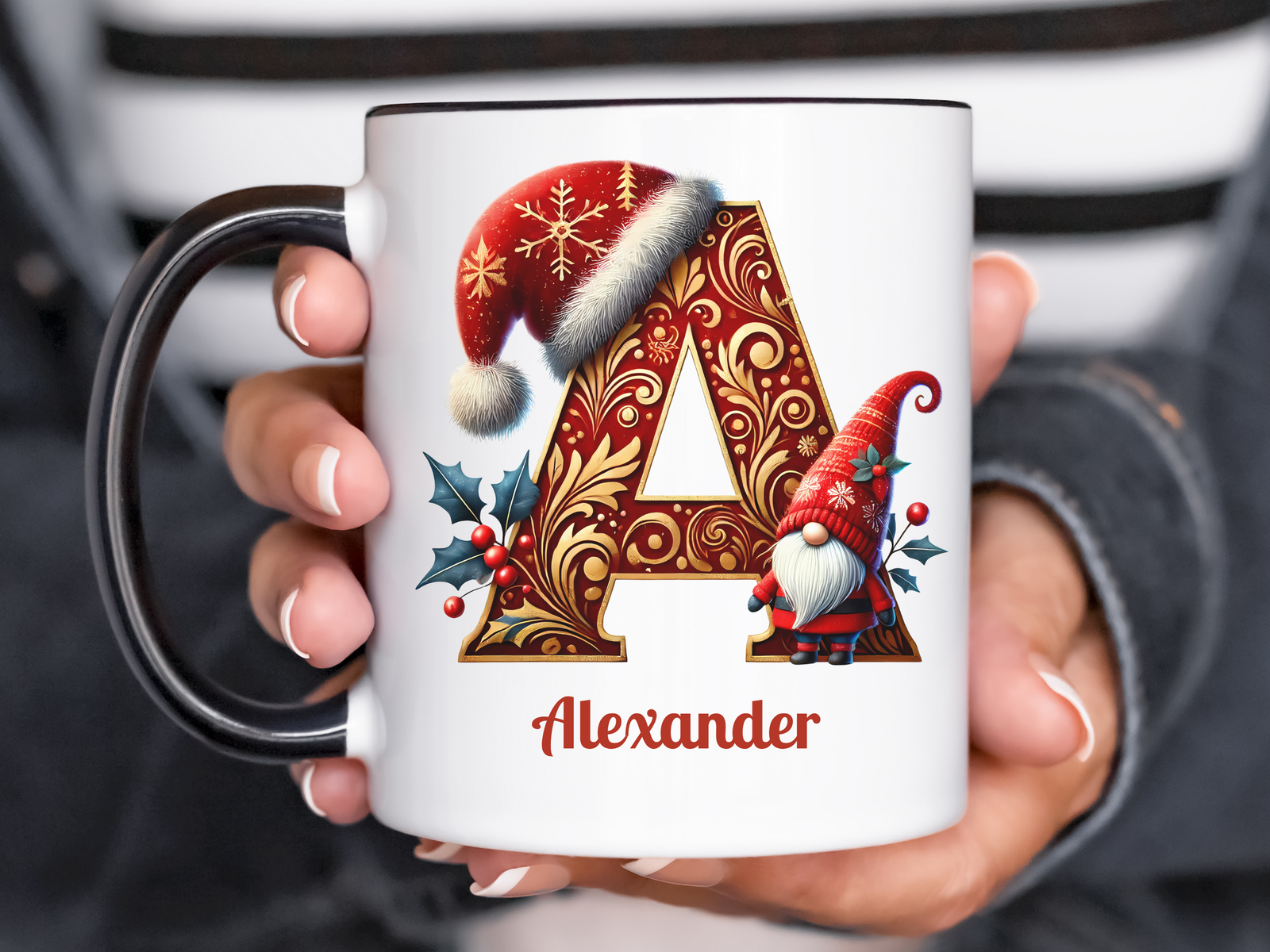 Personalized Christmas Gnome Alphabet Mug – Custom Name Ceramic Coffee Cup – Holiday Gift for Her or Him – New Edge Gifts & Novelties