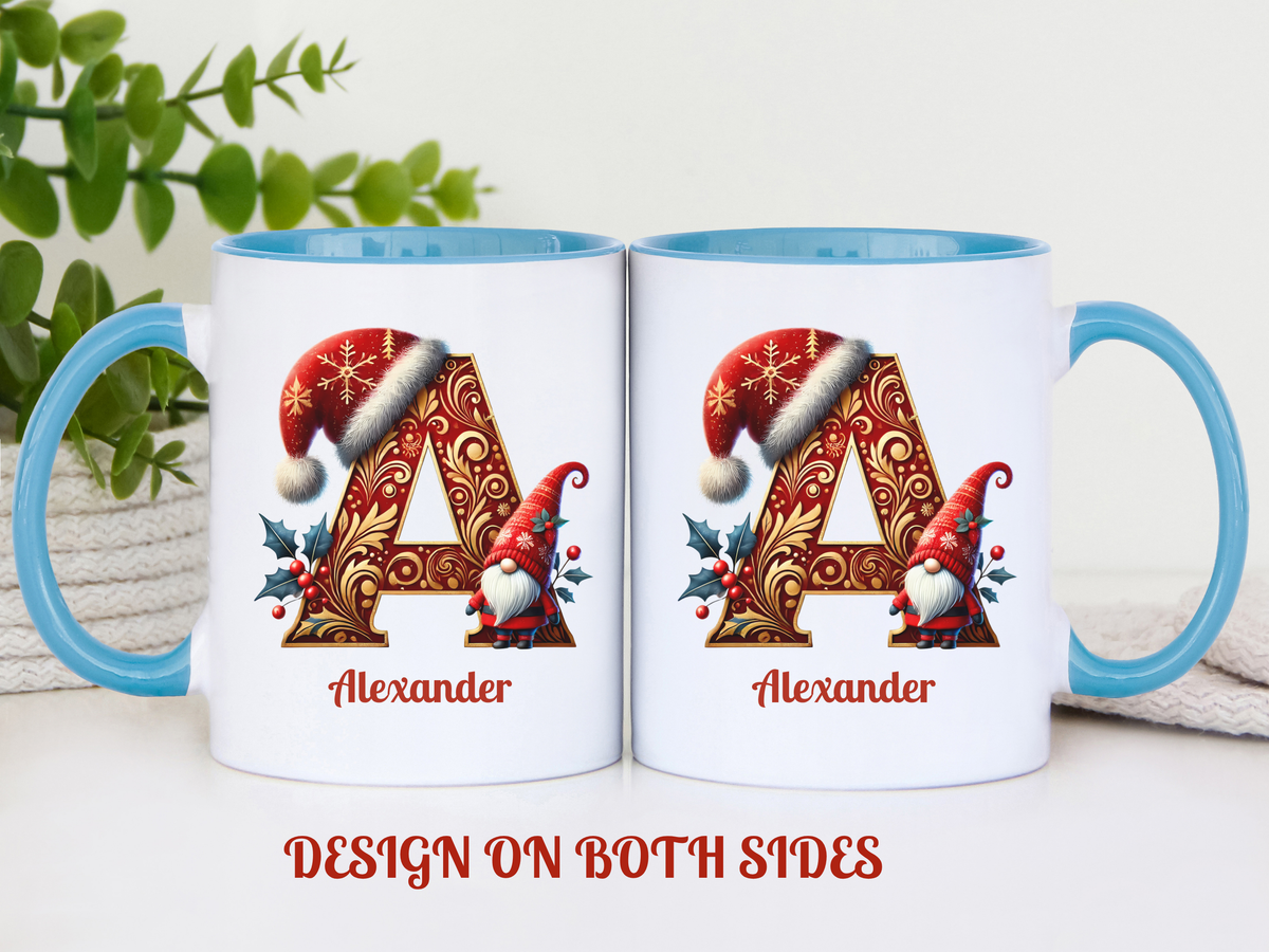 Personalized Christmas Gnome Alphabet Mug – Custom Name Ceramic Coffee Cup – Holiday Gift for Her or Him – New Edge Gifts & Novelties