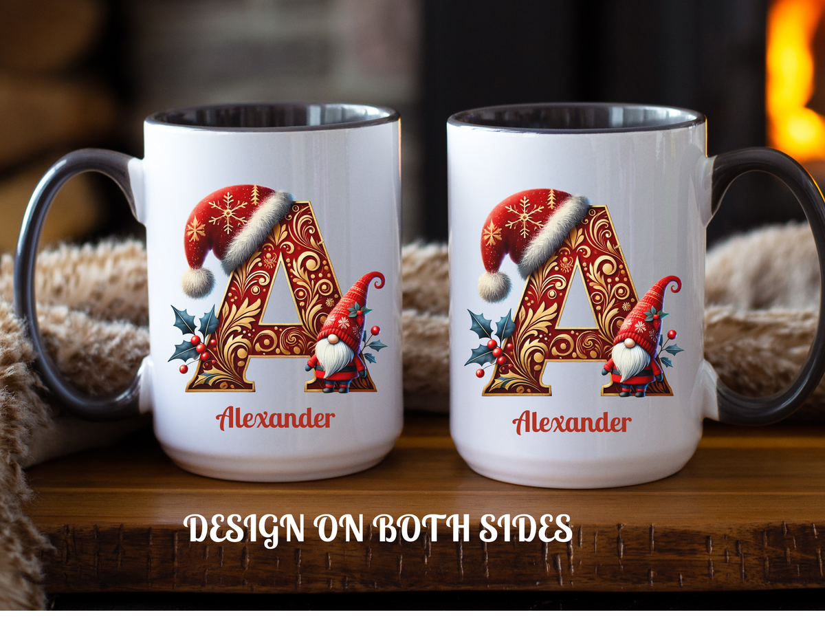 Personalized Christmas Gnome Alphabet Mug – Custom Name Ceramic Coffee Cup – Holiday Gift for Her or Him – New Edge Gifts & Novelties