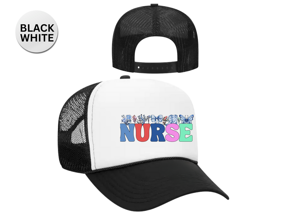 NURSE Retro Trucker Hat – Coquette Bow & Cowboy Boot | Cute Western Nurse Cap