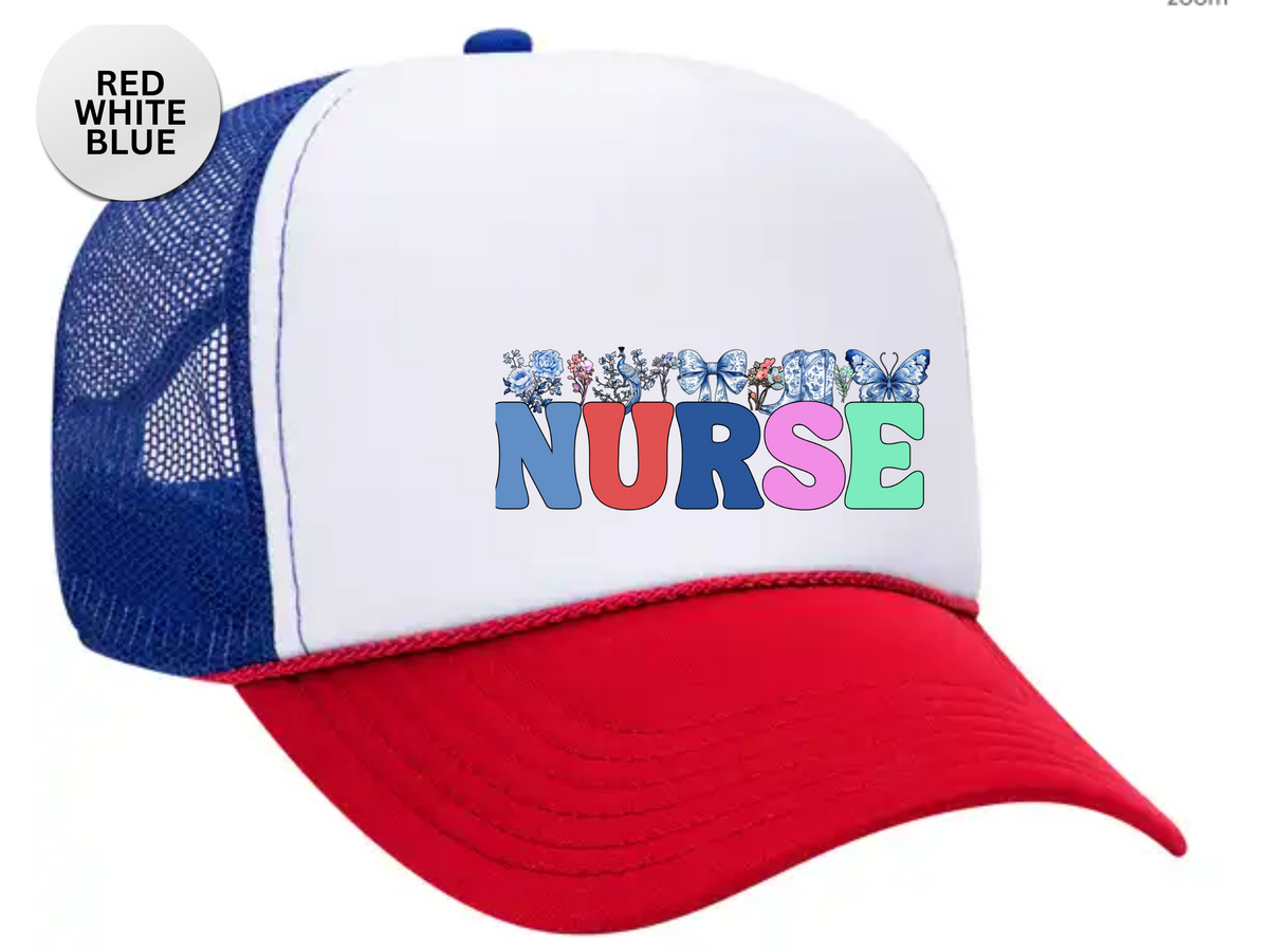 NURSE Retro Trucker Hat – Coquette Bow & Cowboy Boot | Cute Western Nurse Cap