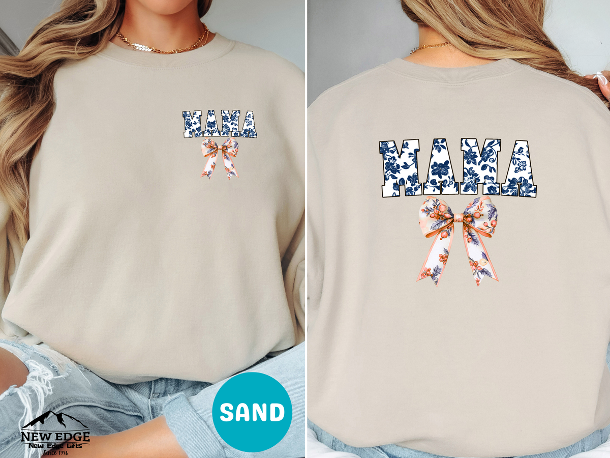 Floral Coquette Bow Mama Sweatshirt – Blue & White Floral Bow Pullover for Moms, Cute Cozy Gift for Mama