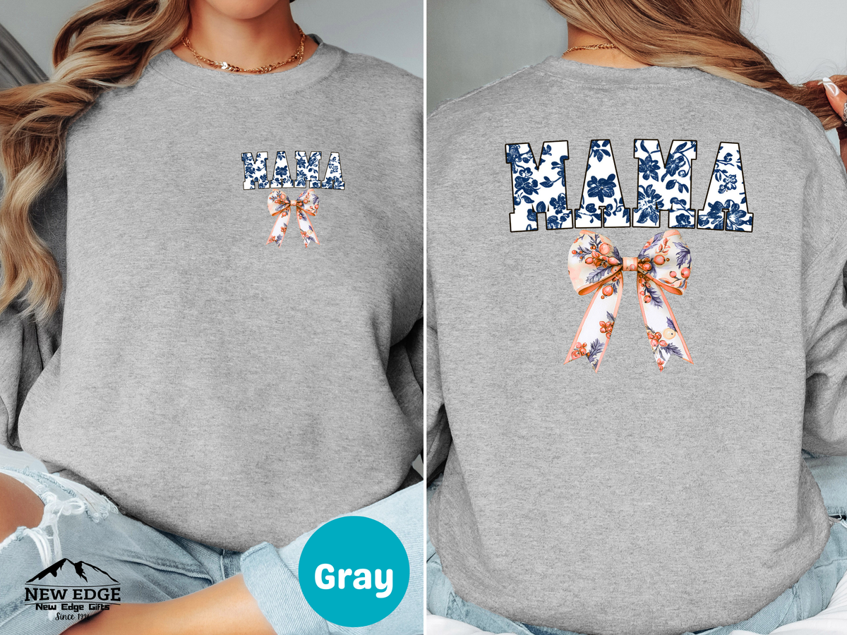 Floral Coquette Bow Mama Sweatshirt – Blue & White Floral Bow Pullover for Moms, Cute Cozy Gift for Mama