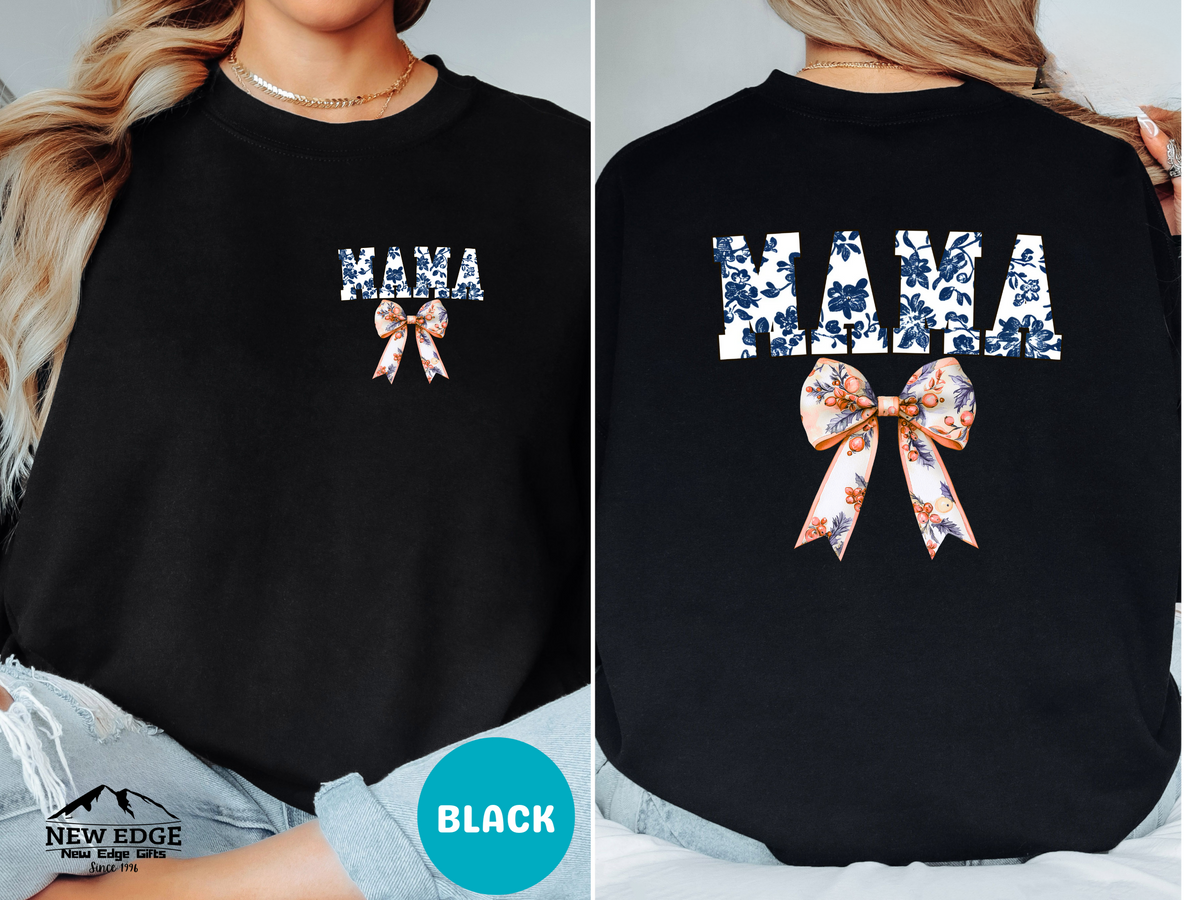 Floral Coquette Bow Mama Sweatshirt – Blue & White Floral Bow Pullover for Moms, Cute Cozy Gift for Mama
