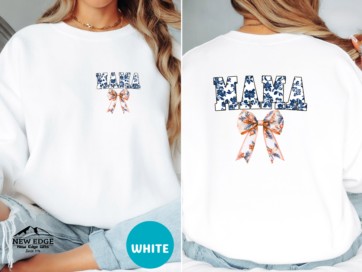 Floral Coquette Bow Mama Sweatshirt – Blue & White Floral Bow Pullover for Moms, Cute Cozy Gift for Mama