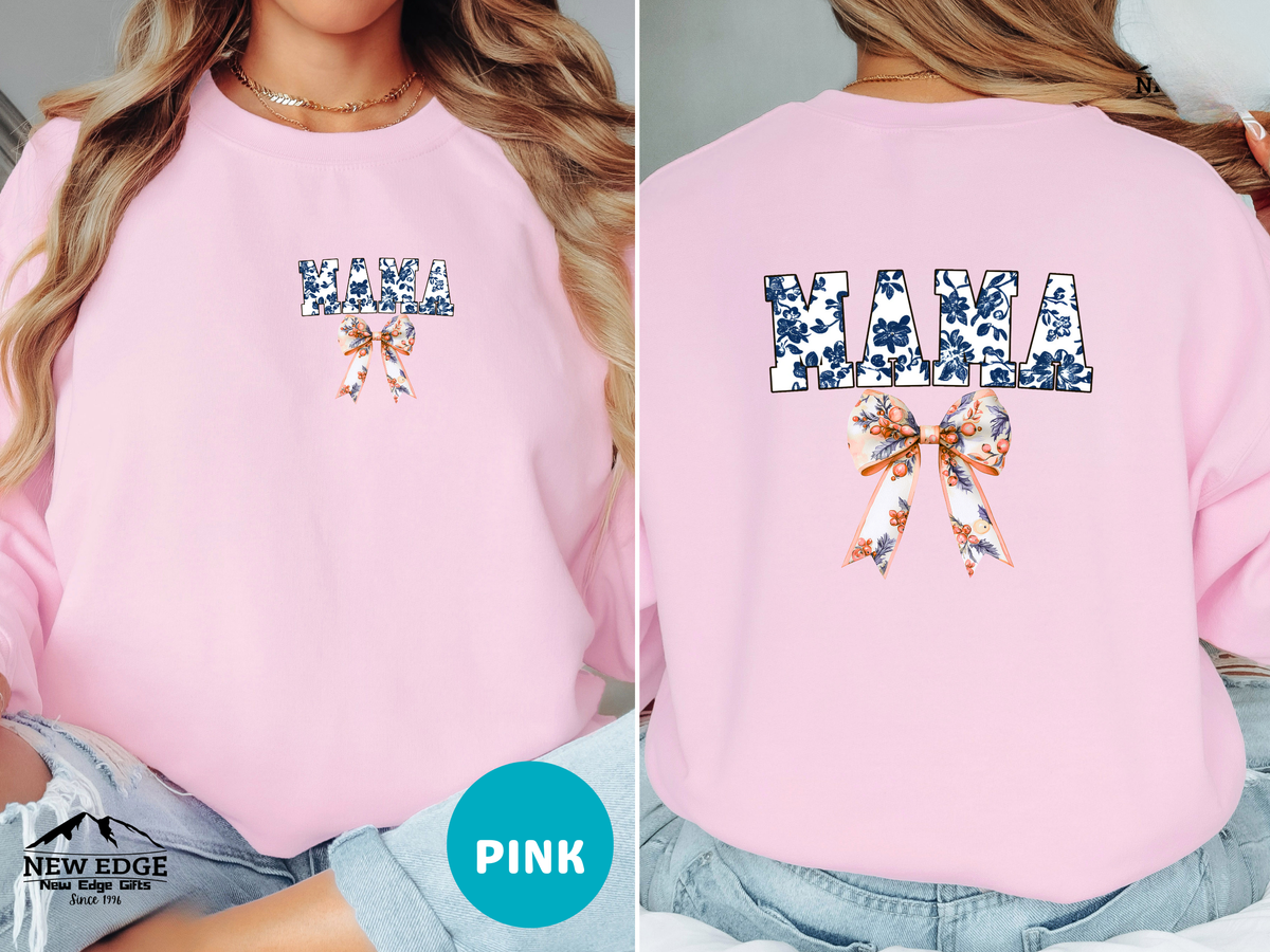 Floral Coquette Bow Mama Sweatshirt – Blue & White Floral Bow Pullover for Moms, Cute Cozy Gift for Mama
