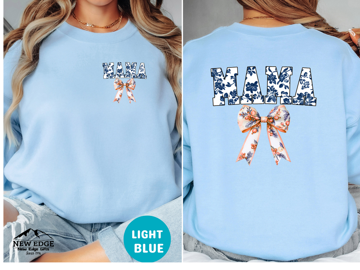 Floral Coquette Bow Mama Sweatshirt – Blue & White Floral Bow Pullover for Moms, Cute Cozy Gift for Mama