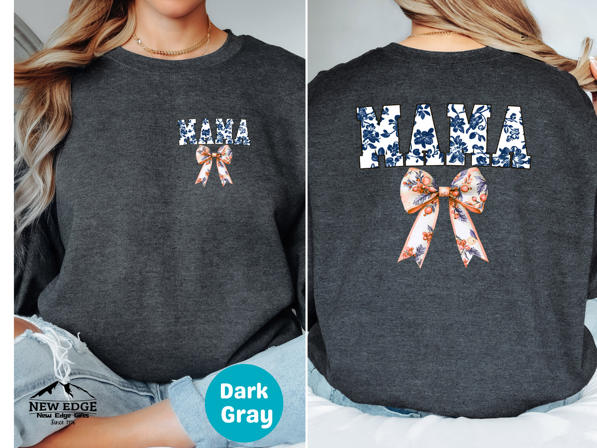 Floral Coquette Bow Mama Sweatshirt – Blue & White Floral Bow Pullover for Moms, Cute Cozy Gift for Mama