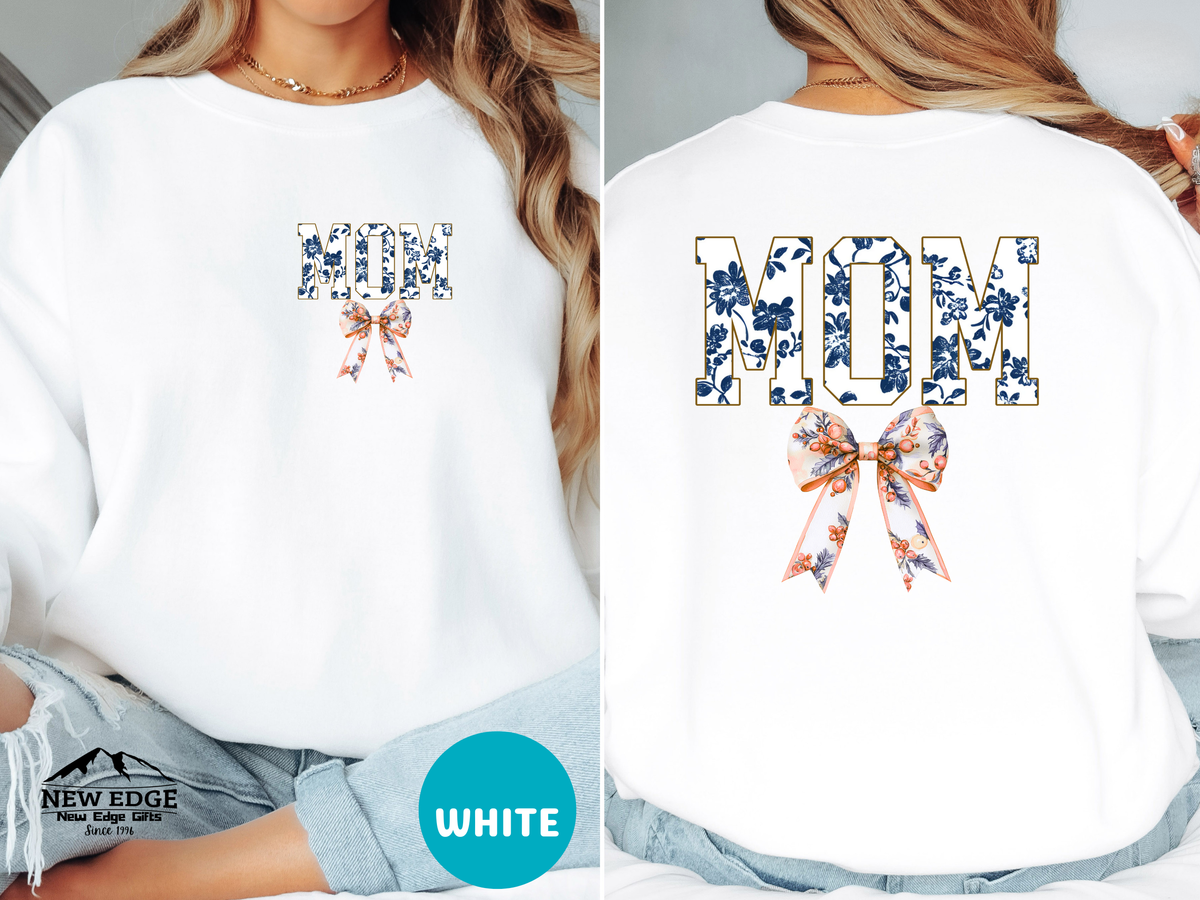 Floral Coquette Bow MOM Sweatshirt – Blue & White Floral Bow Front & Back Design, Cute Cozy Gift for Mom