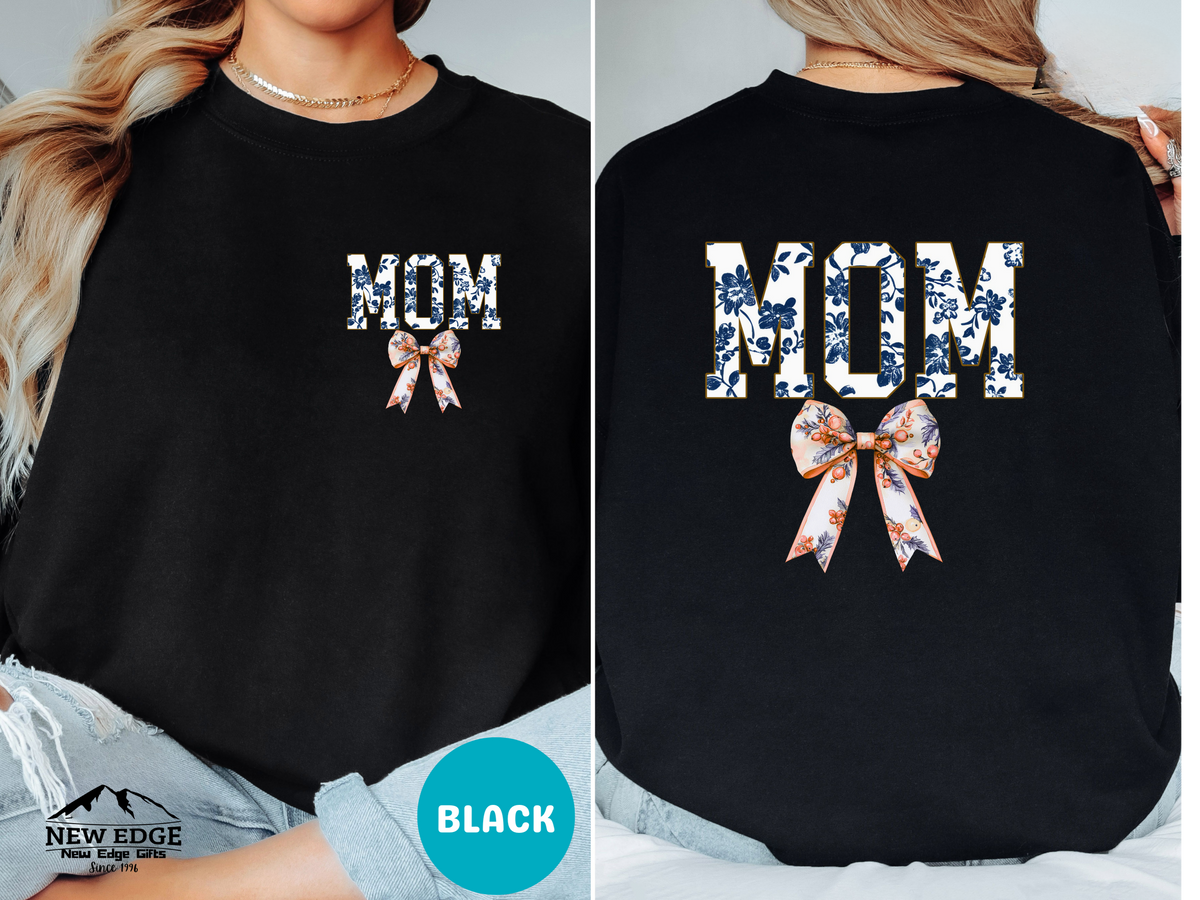 Floral Coquette Bow MOM Sweatshirt – Blue & White Floral Bow Front & Back Design, Cute Cozy Gift for Mom