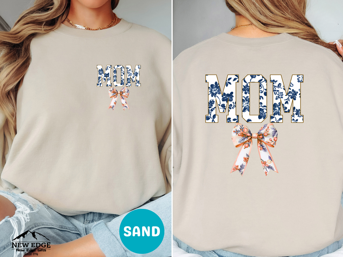 Floral Coquette Bow MOM Sweatshirt – Blue & White Floral Bow Front & Back Design, Cute Cozy Gift for Mom
