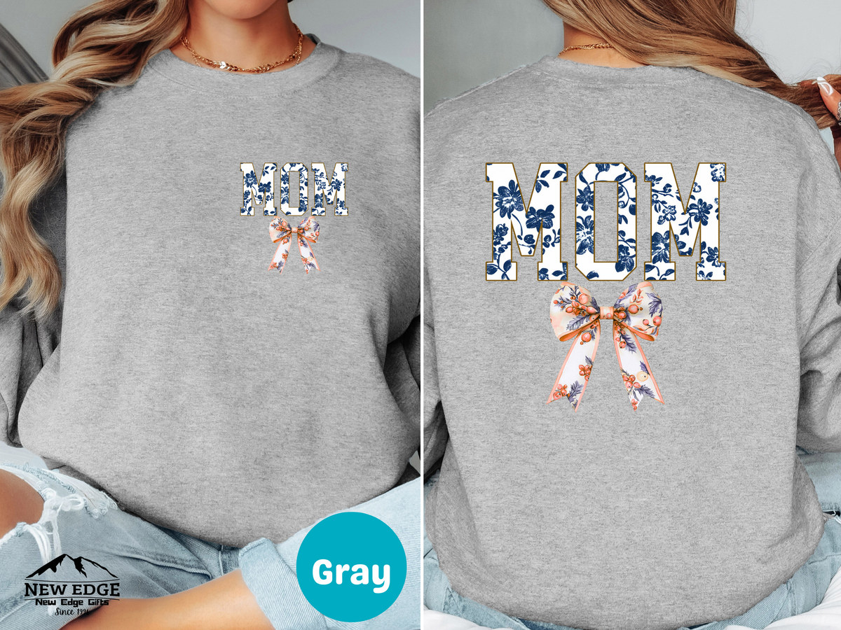 Floral Coquette Bow MOM Sweatshirt – Blue & White Floral Bow Front & Back Design, Cute Cozy Gift for Mom
