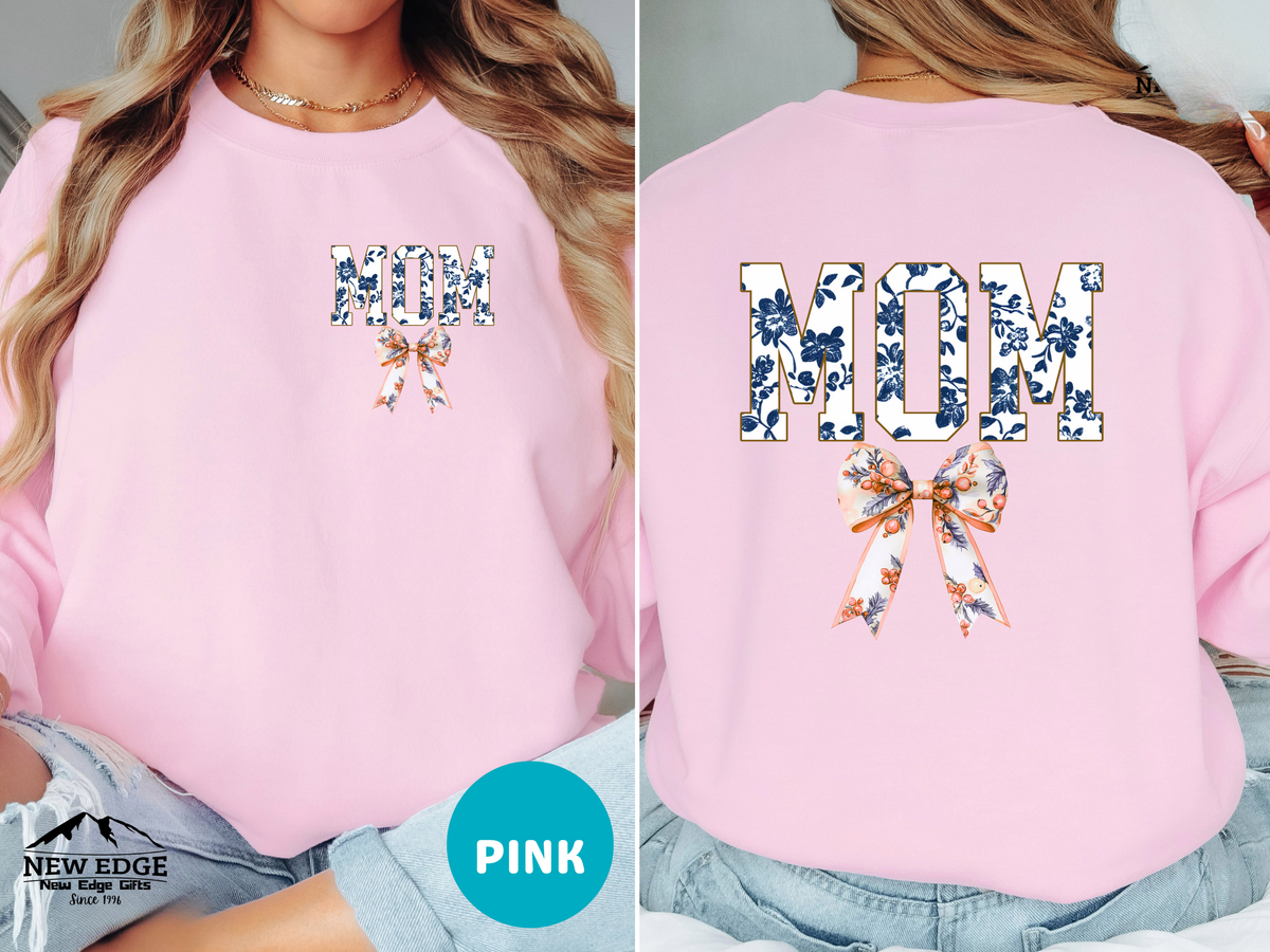 Floral Coquette Bow MOM Sweatshirt – Blue & White Floral Bow Front & Back Design, Cute Cozy Gift for Mom