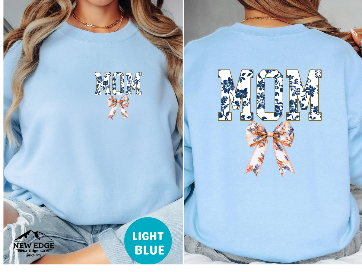 Floral Coquette Bow MOM Sweatshirt – Blue & White Floral Bow Front & Back Design, Cute Cozy Gift for Mom