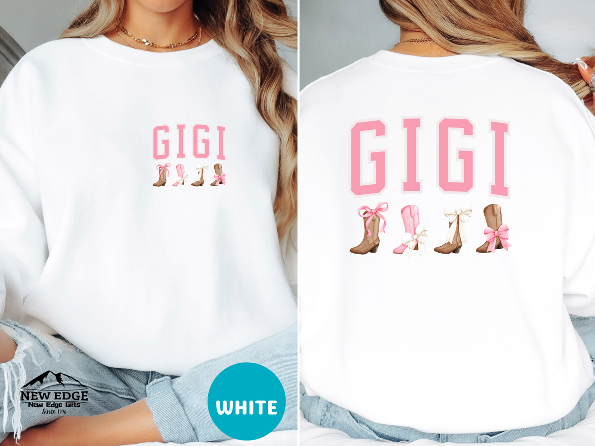 GIGI Sweatshirt – Front & Back Cowboy Boots with Bows Design, Western Coquette Gift for Gigi