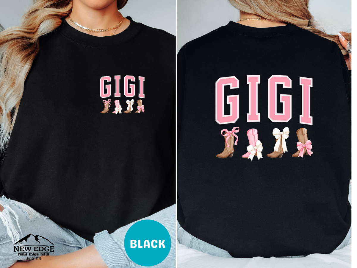 GIGI Sweatshirt – Front & Back Cowboy Boots with Bows Design, Western Coquette Gift for Gigi