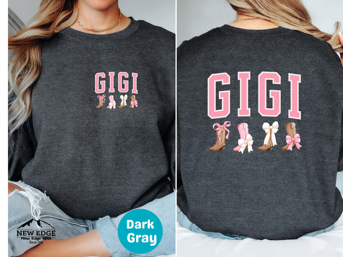 GIGI Sweatshirt – Front & Back Cowboy Boots with Bows Design, Western Coquette Gift for Gigi