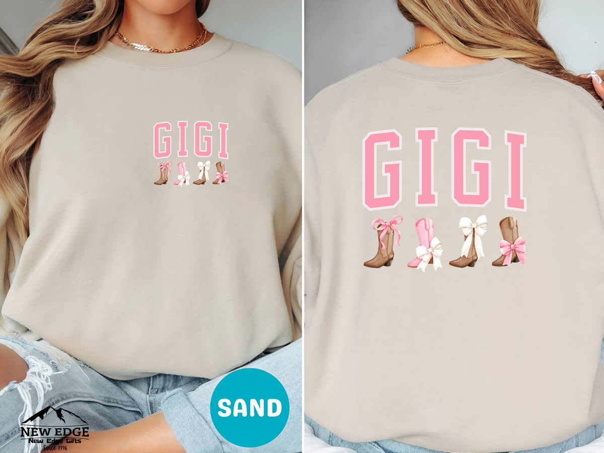 GIGI Sweatshirt – Front & Back Cowboy Boots with Bows Design, Western Coquette Gift for Gigi
