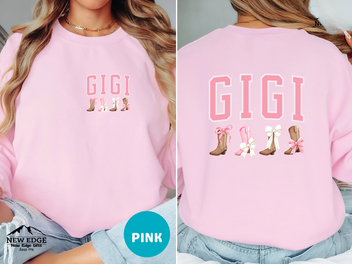 GIGI Sweatshirt – Front & Back Cowboy Boots with Bows Design, Western Coquette Gift for Gigi