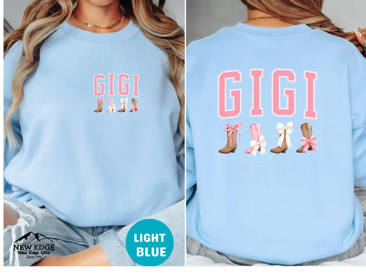 GIGI Sweatshirt – Front & Back Cowboy Boots with Bows Design, Western Coquette Gift for Gigi
