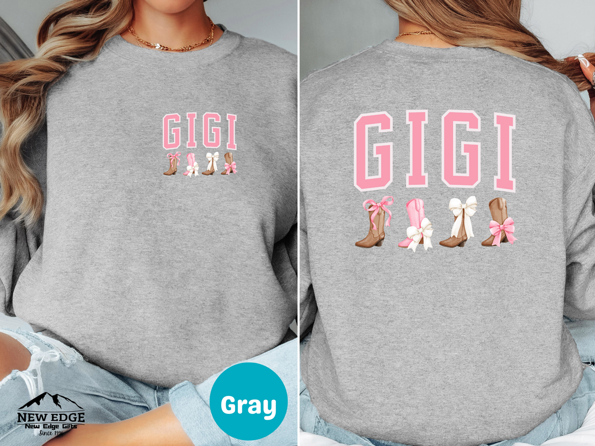 GIGI Sweatshirt – Front & Back Cowboy Boots with Bows Design, Western Coquette Gift for Gigi