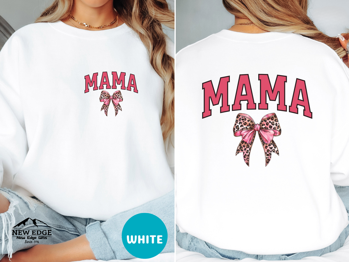 MAMA Leopard Coquette Sweatshirt – Front & Back Bow & Leopard Print Design, Cute Trendy Gift for Mom