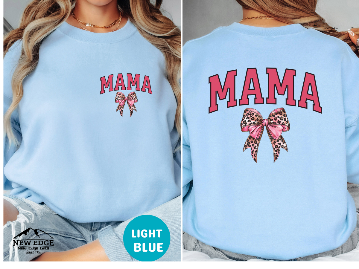 MAMA Leopard Coquette Sweatshirt – Front & Back Bow & Leopard Print Design, Cute Trendy Gift for Mom