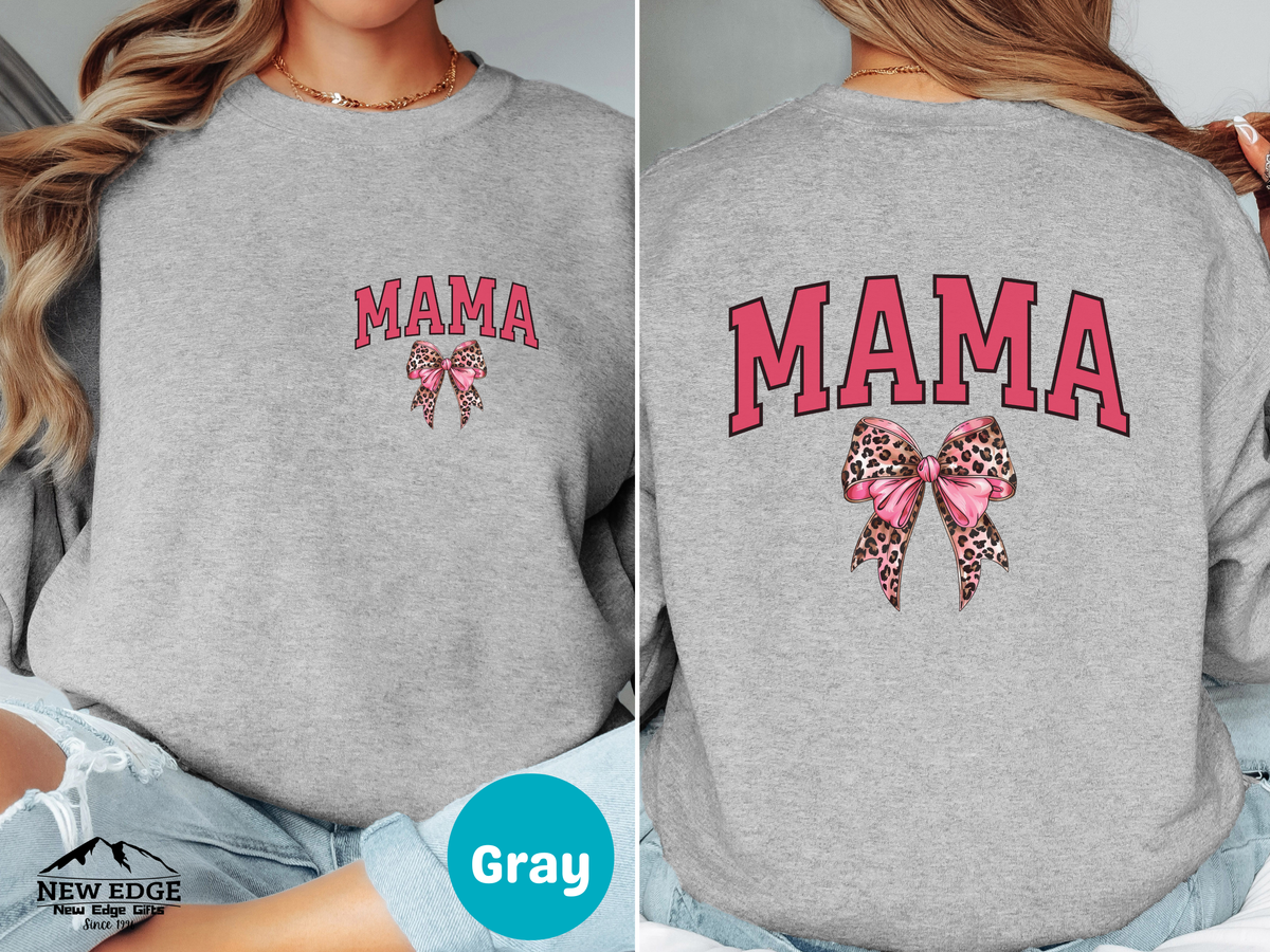 MAMA Leopard Coquette Sweatshirt – Front & Back Bow & Leopard Print Design, Cute Trendy Gift for Mom