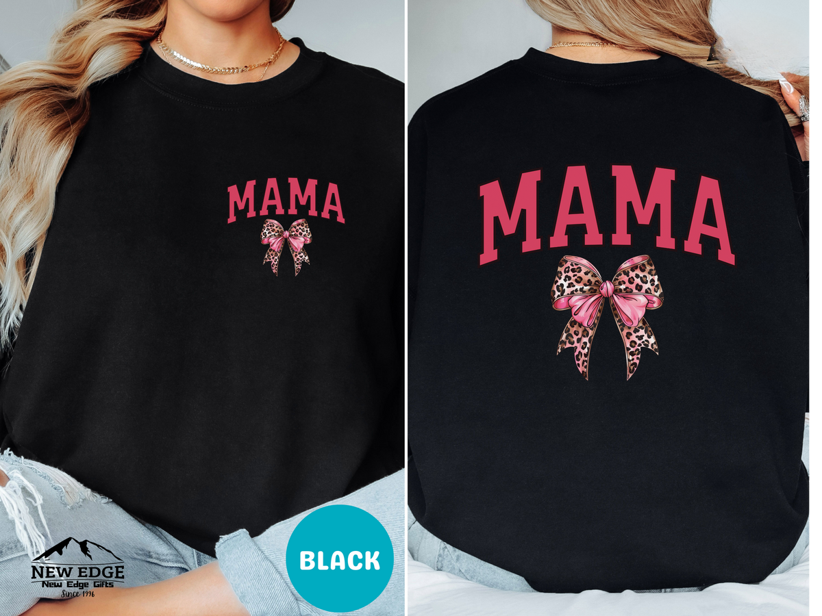 MAMA Leopard Coquette Sweatshirt – Front & Back Bow & Leopard Print Design, Cute Trendy Gift for Mom