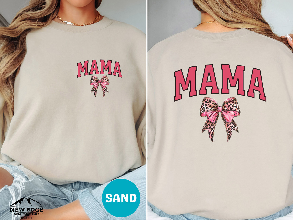 MAMA Leopard Coquette Sweatshirt – Front & Back Bow & Leopard Print Design, Cute Trendy Gift for Mom