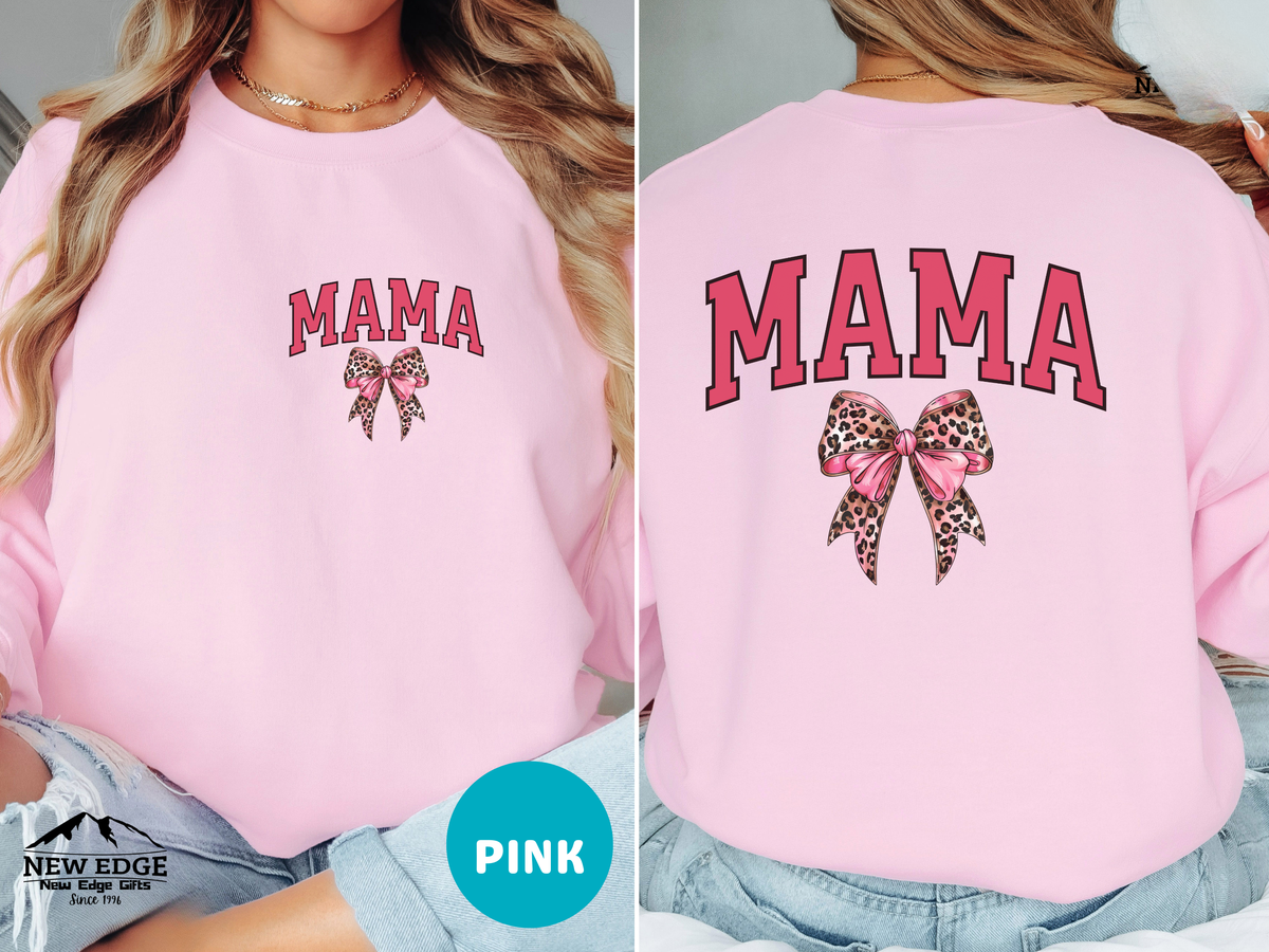 MAMA Leopard Coquette Sweatshirt – Front & Back Bow & Leopard Print Design, Cute Trendy Gift for Mom