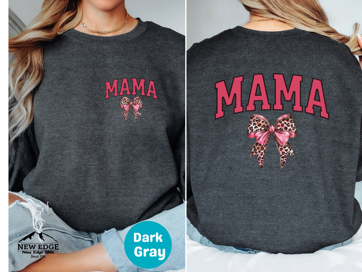 MAMA Leopard Coquette Sweatshirt – Front & Back Bow & Leopard Print Design, Cute Trendy Gift for Mom
